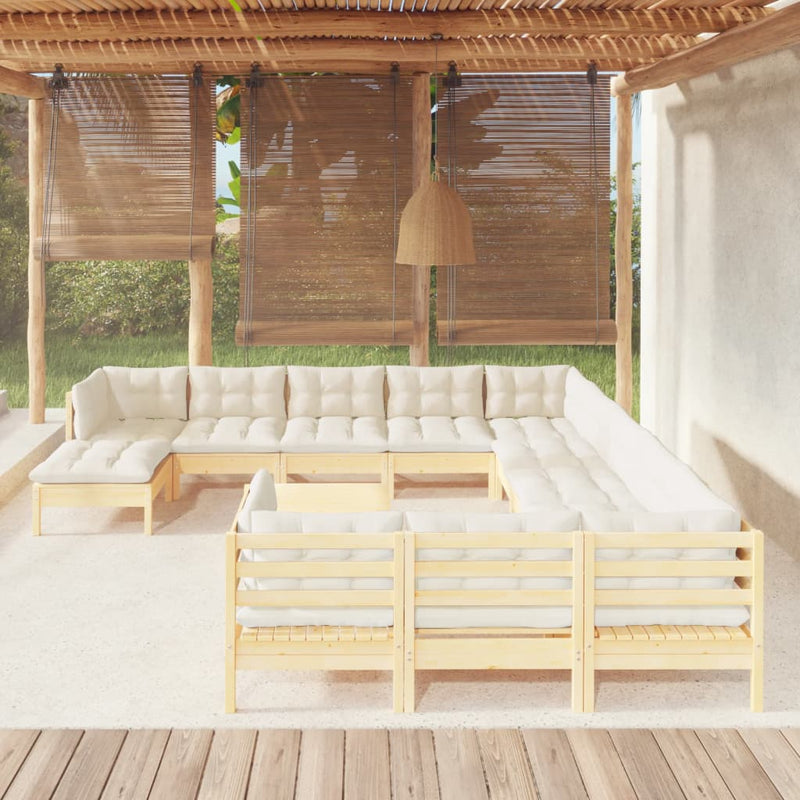 vidaXL 13 Piece Garden Lounge Set with Cream Cushions Pinewood