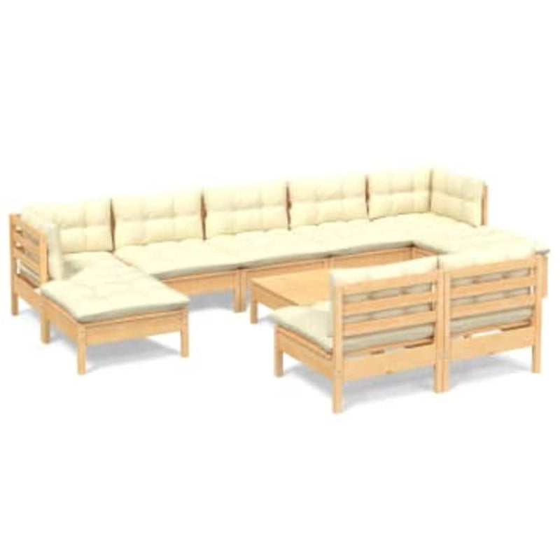vidaXL 10 Piece Garden Lounge Set with Cream Cushions Pinewood