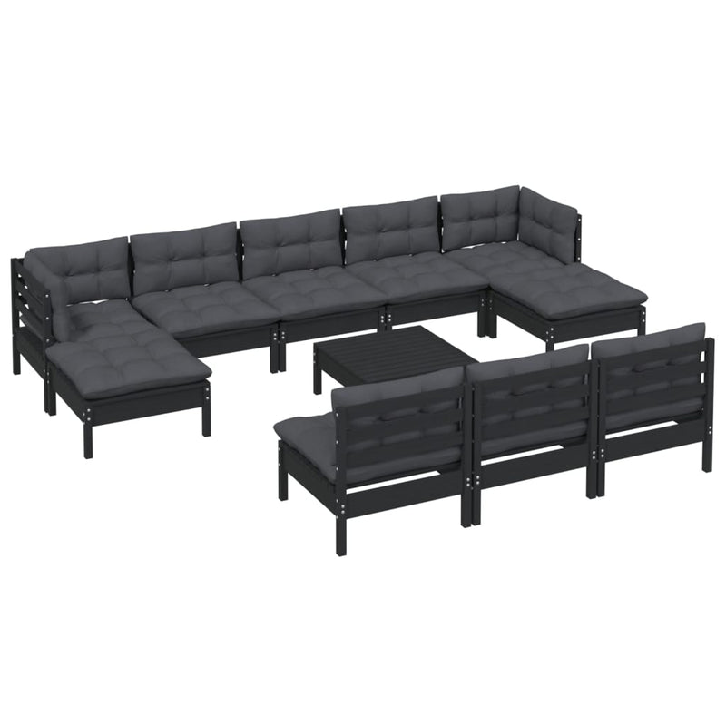 vidaXL 11 Piece Garden Lounge Set with Cushions Black Pinewood