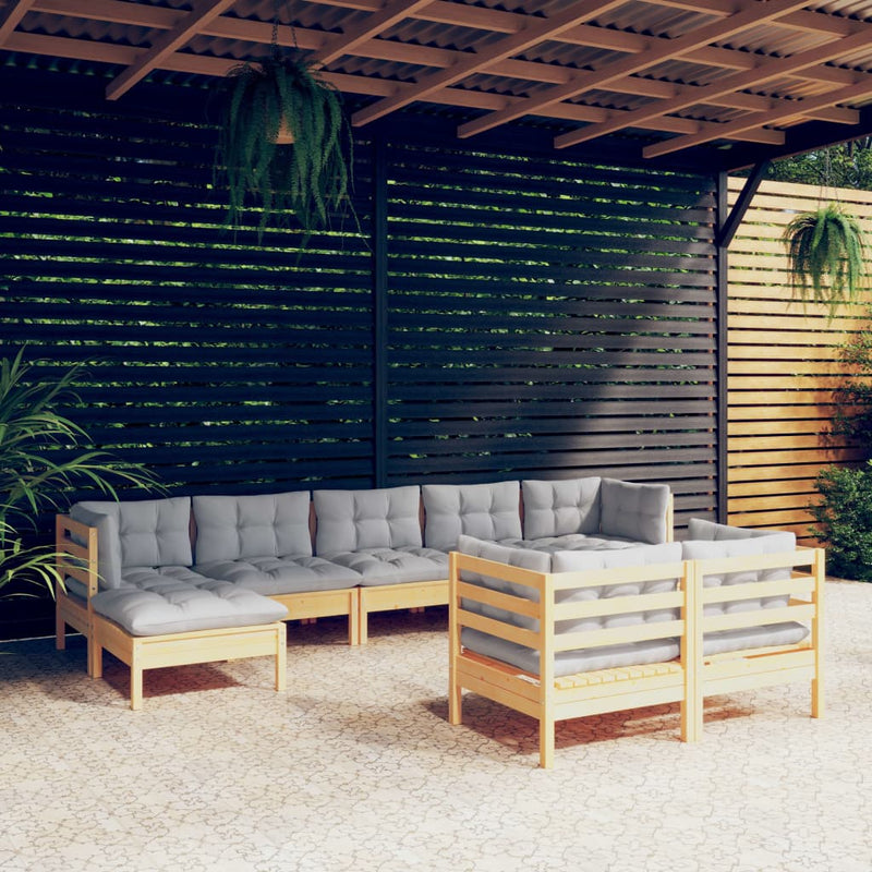 vidaXL 9 Piece Garden Lounge Set with Grey Cushions Solid Pinewood