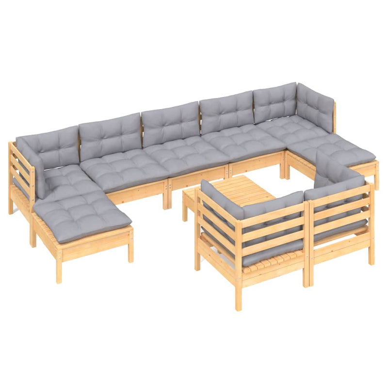 vidaXL 10 Piece Garden Lounge Set with Grey Cushions Solid Pinewood