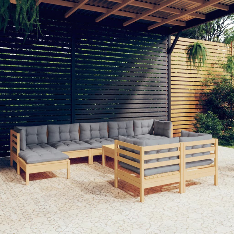 vidaXL 10 Piece Garden Lounge Set with Grey Cushions Solid Pinewood