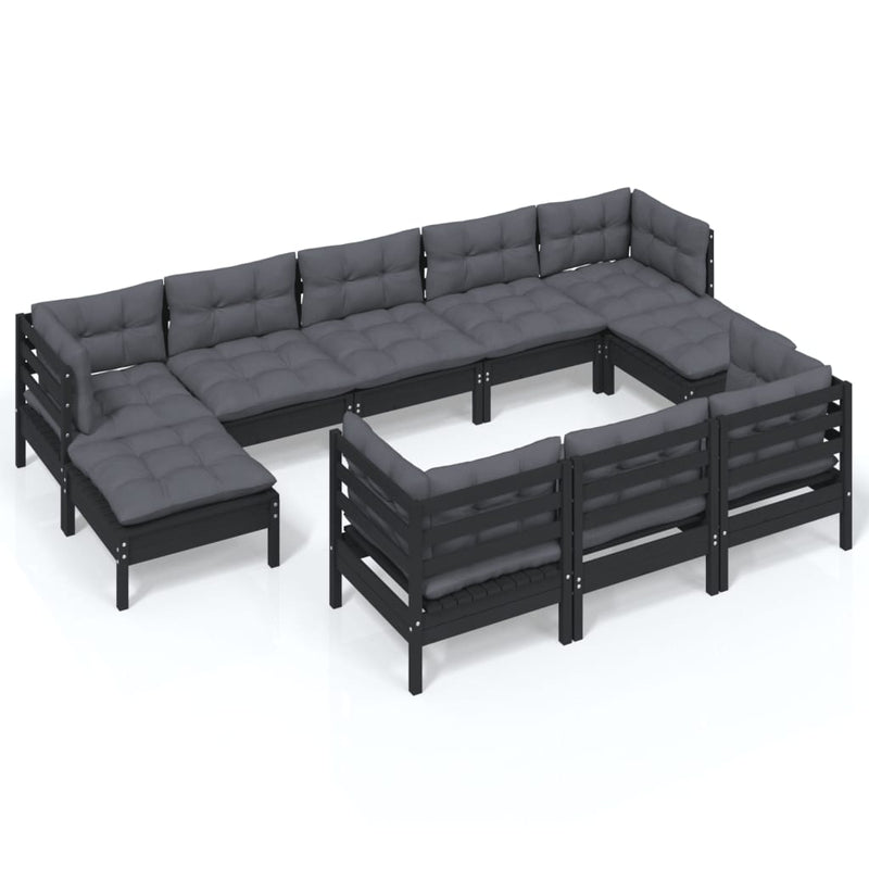 vidaXL 10 Piece Garden Lounge Set with Cushions Black Solid Pinewood