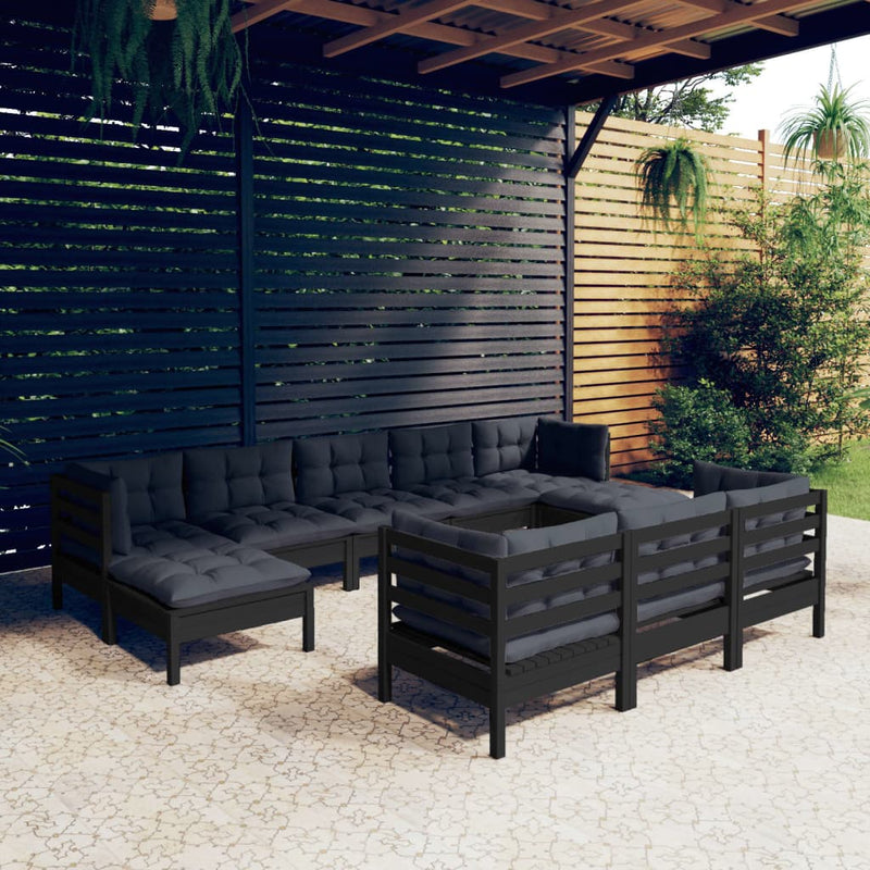 vidaXL 10 Piece Garden Lounge Set with Cushions Black Solid Pinewood