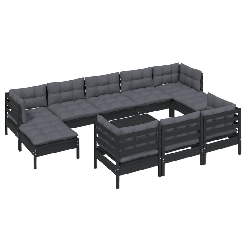 vidaXL 11 Piece Garden Lounge Set with Cushions Black Solid Pinewood