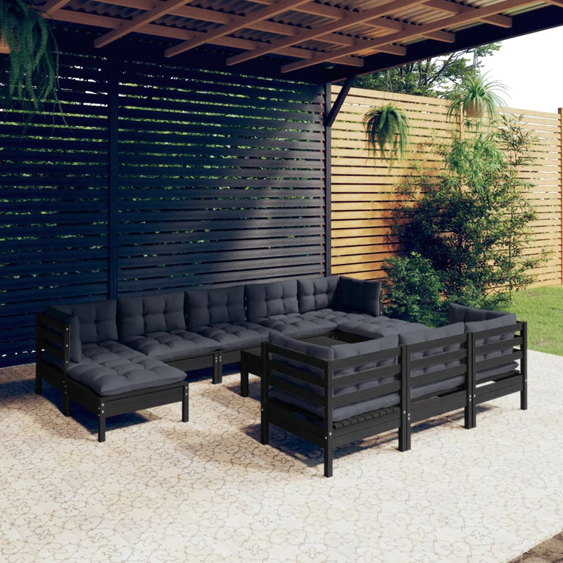 vidaXL 11 Piece Garden Lounge Set with Cushions Black Solid Pinewood