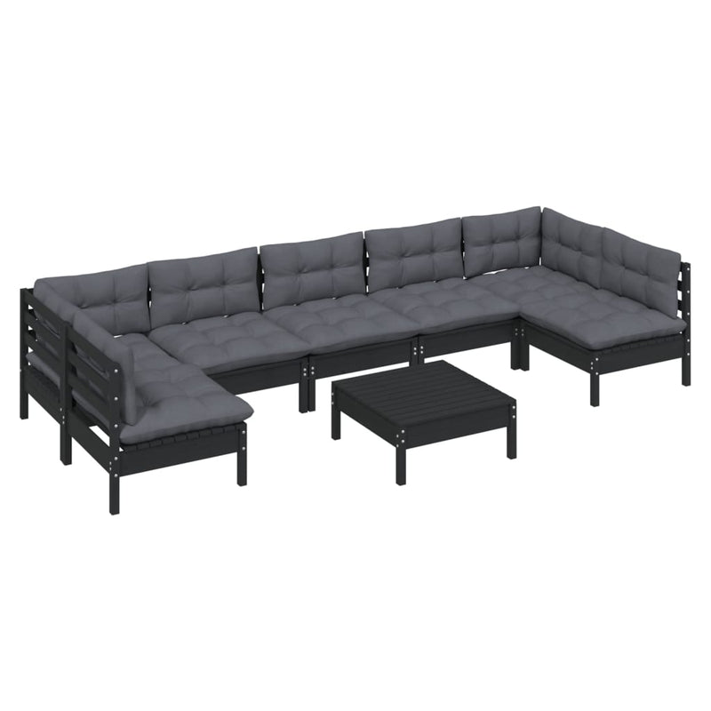 vidaXL 8 Piece Garden Lounge Set with Cushions Black Solid Pinewood