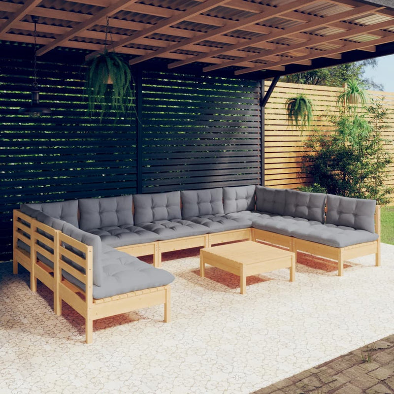 vidaXL 10 Piece Garden Lounge Set with Grey Cushions Solid Pinewood