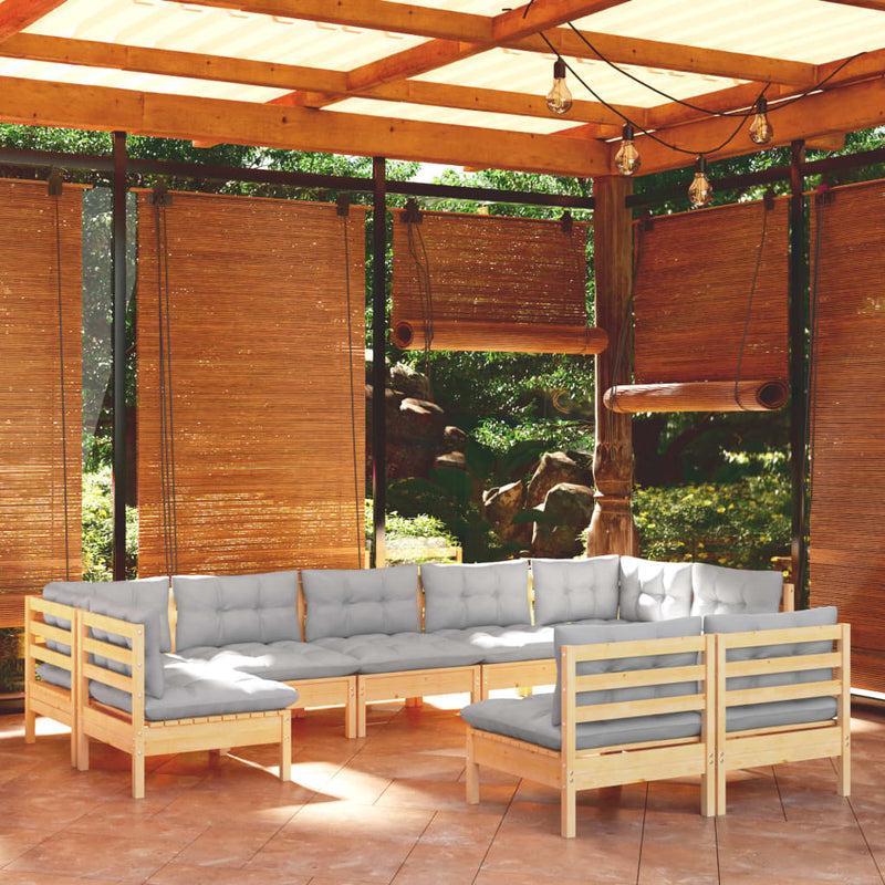 vidaXL 9 Piece Garden Lounge Set with Grey Cushions Solid Pinewood