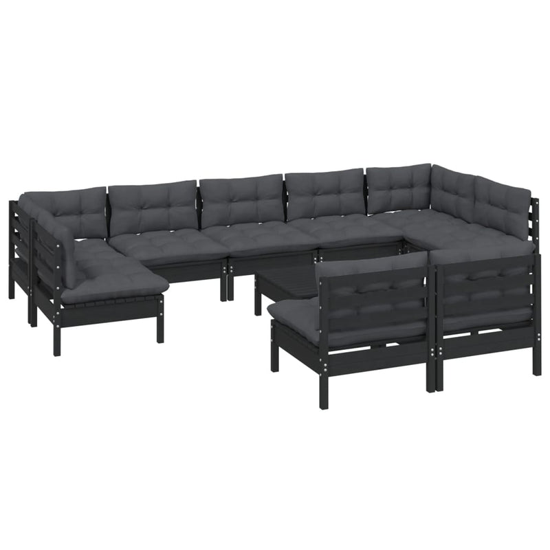 vidaXL 10 Piece Garden Lounge Set with Cushions Black Solid Pinewood