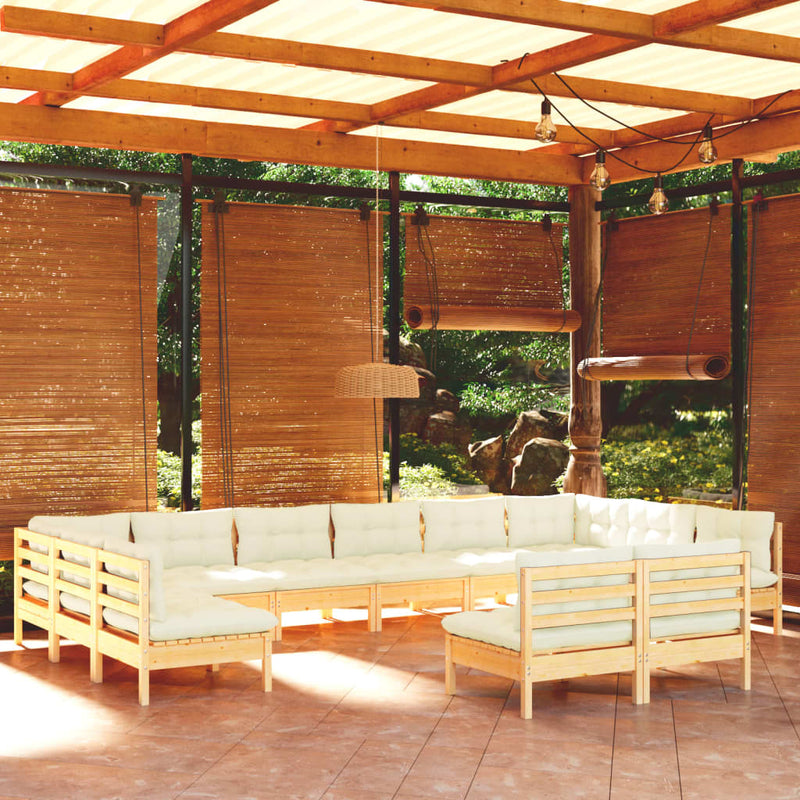 vidaXL 12 Piece Garden Lounge Set with Cream Cushions Solid Pinewood