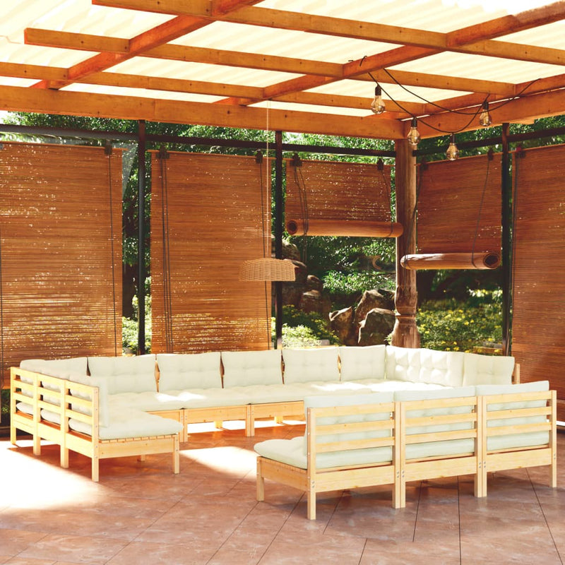 vidaXL 13 Piece Garden Lounge Set with Cream Cushions Solid Pinewood