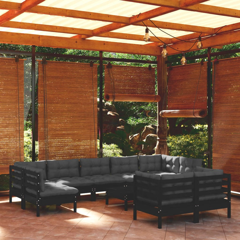 vidaXL 10 Piece Garden Lounge Set with Cushions Black Solid Pinewood