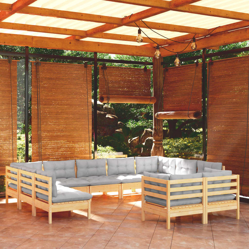 vidaXL 11 Piece Garden Lounge Set with Grey Cushions Solid Pinewood