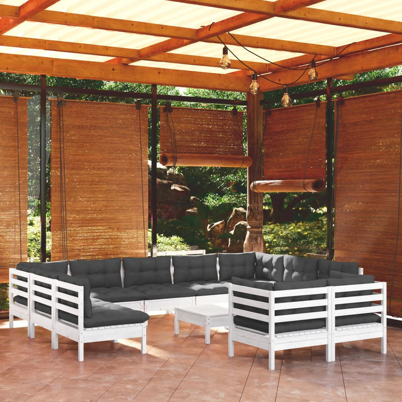 vidaXL 12 Piece Garden Lounge Set with Cushions White Solid Pinewood