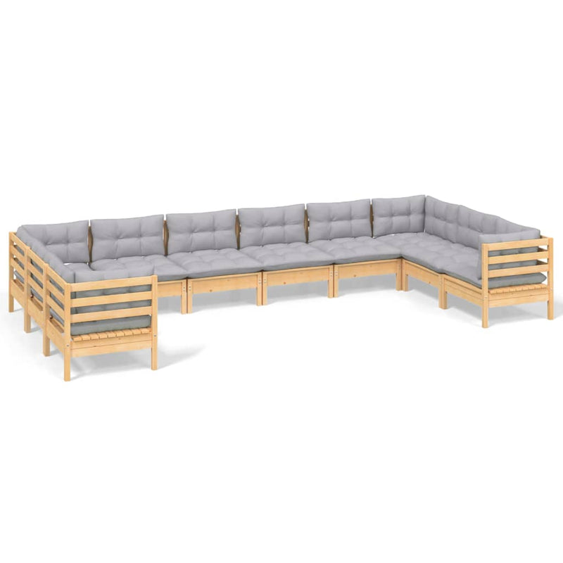 vidaXL 10 Piece Garden Lounge Set with Grey Cushions Pinewood