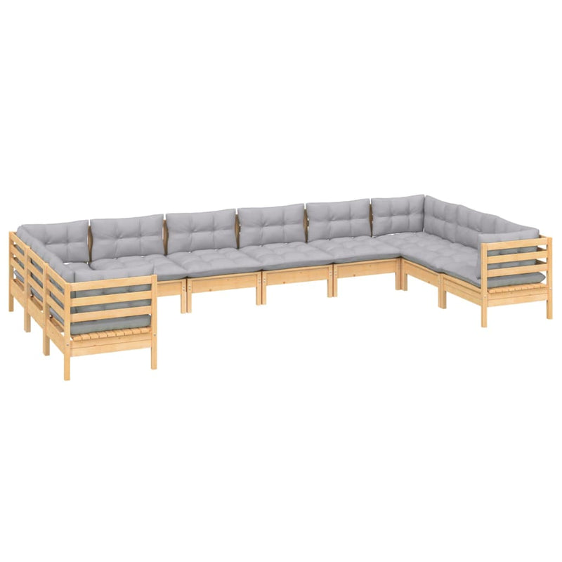 vidaXL 10 Piece Garden Lounge Set with Grey Cushions Pinewood