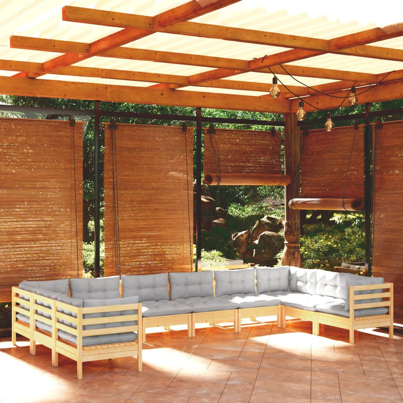 vidaXL 10 Piece Garden Lounge Set with Grey Cushions Pinewood