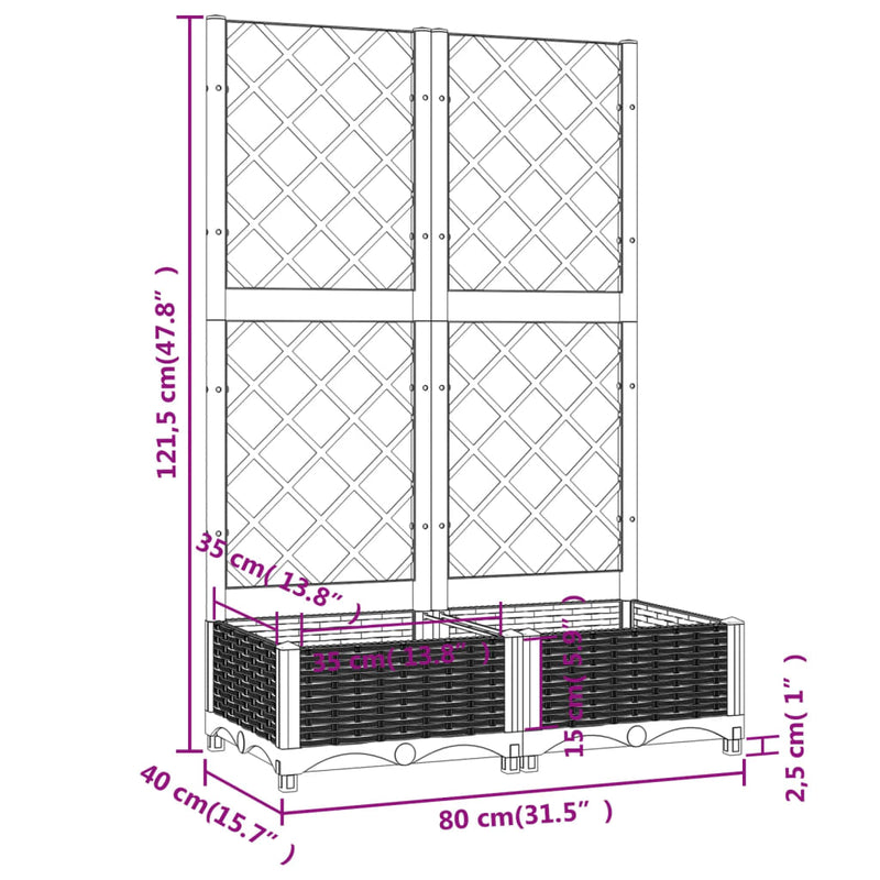 vidaXL Garden Planter with Trellis Black 80x40x121.5 cm PP