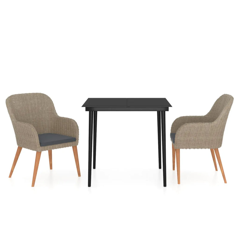 3 Piece Garden Dining Set with Cushions Brown