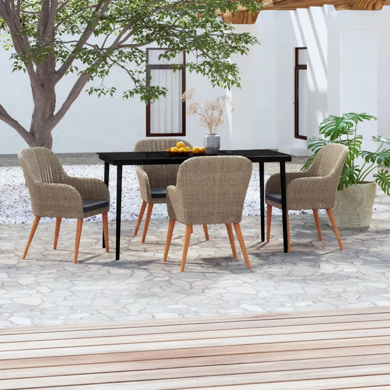 5 Piece Garden Dining Set with Cushions Brown