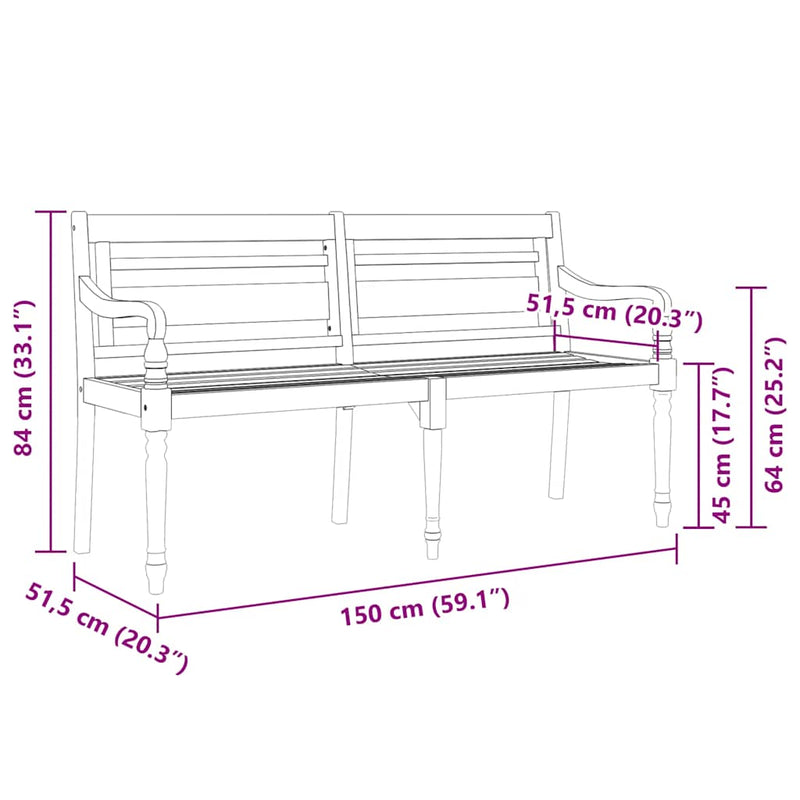 vidaXL Batavia Bench with Cream Cushion 150 cm Solid Wood Teak