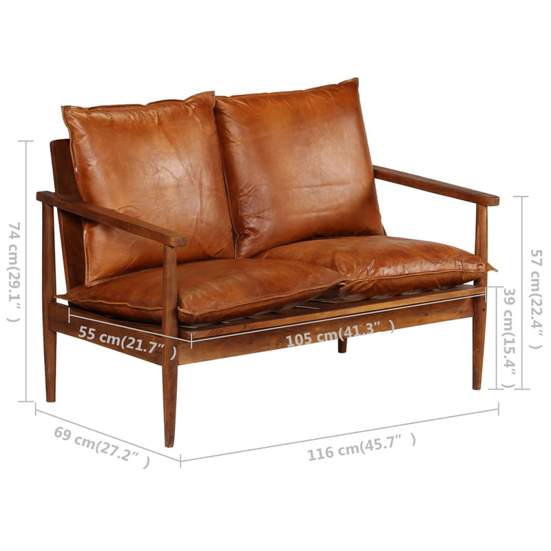 vidaXL 2 Piece Sofa Set Brown Real Leather and Solid Wood Acacia