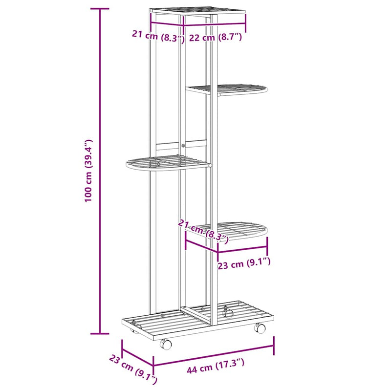 vidaXL 5-Floor Flower Stand with Wheels 44x23x100 cm Black Iron