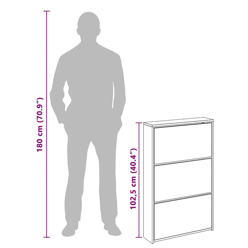 Shoe Cabinet with Mirror 3-Layer Black 63x17x102.5 cm