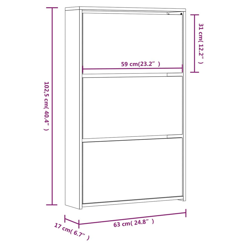 Shoe Cabinet with Mirror 3-Layer High Gloss White 63x17x102.5 cm