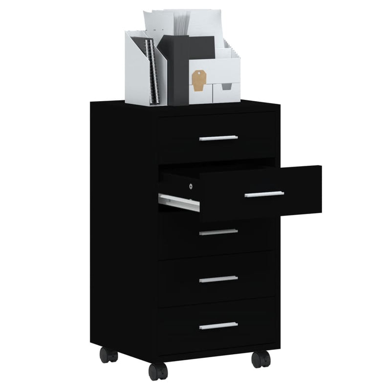 Drawer Cabinet with Castors Black Engineered Wood