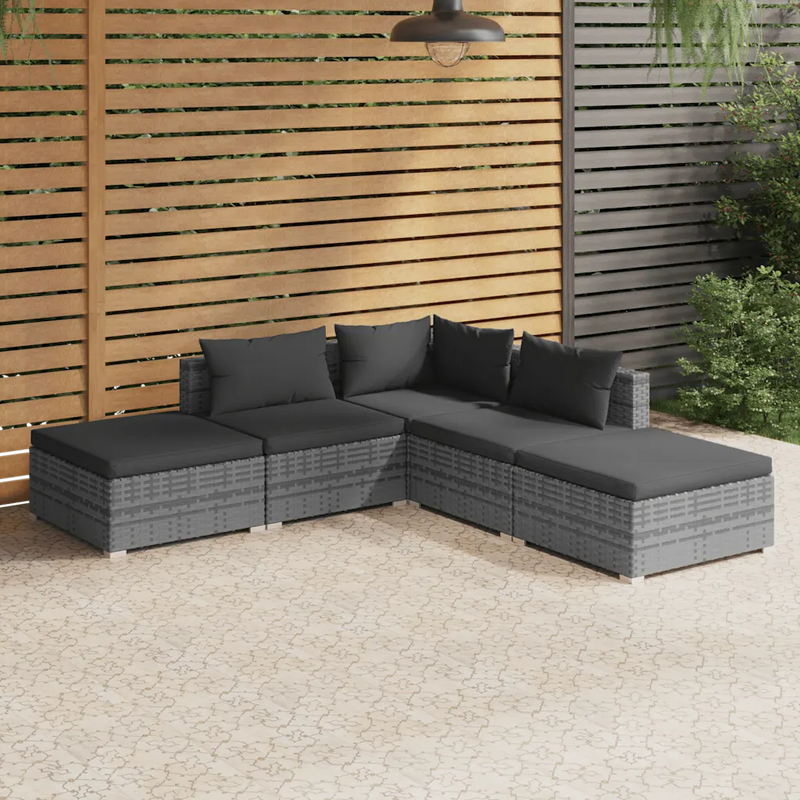 5 Piece Garden Lounge Set with Cushions Poly Rattan Grey