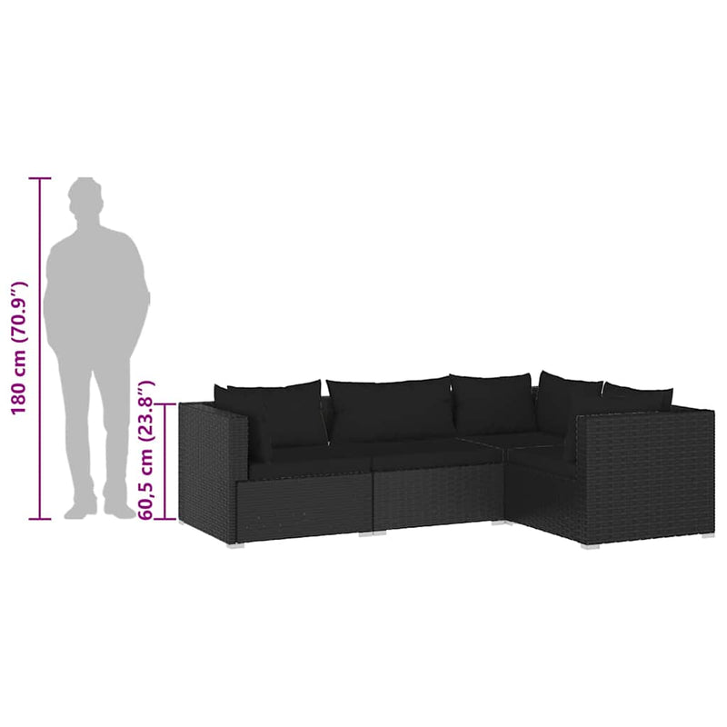 vidaXL 4 Piece Garden Lounge Set with Cushions Poly Rattan Black