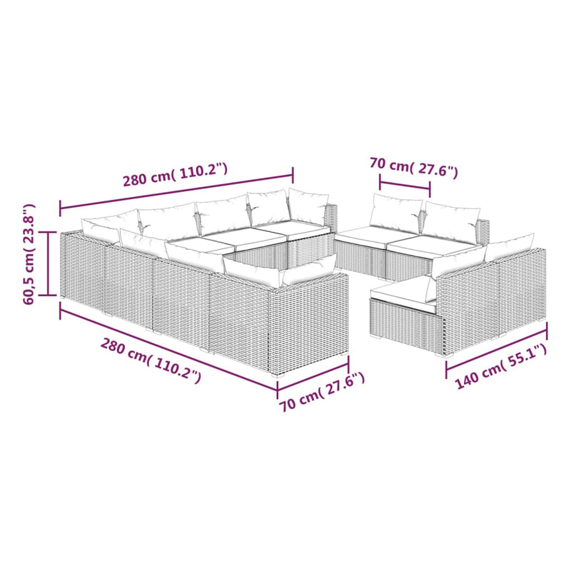 vidaXL 11 Piece Garden Lounge Set with Cushions Black Poly Rattan