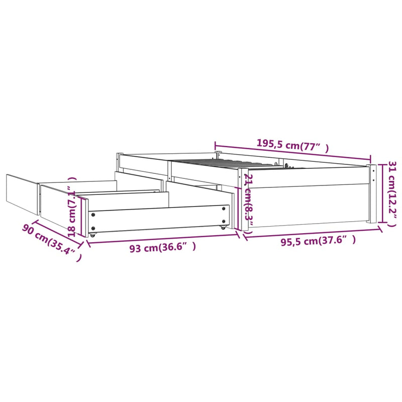 vidaXL Bed Frame without Mattress with Drawers White 90x190 cm