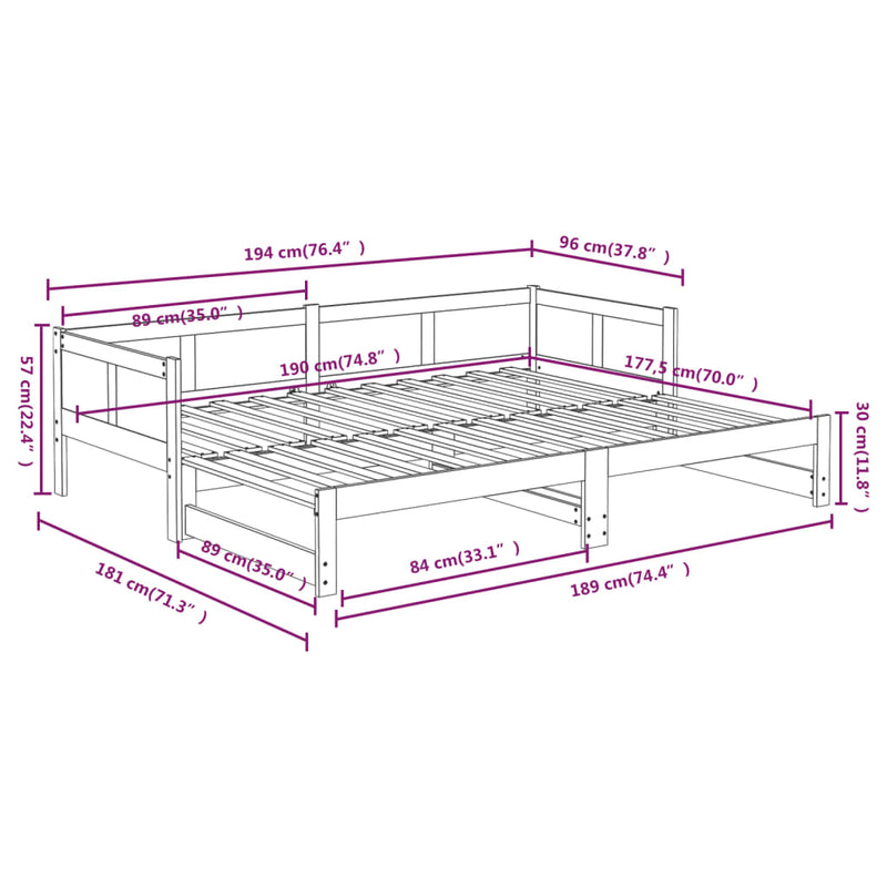 vidaXL Pull-out Day Bed without Mattress Solid Wood Pine 2x(90x190) cm