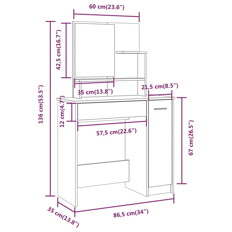 vidaXL Dressing Table with Mirror White 86.5x35x136 cm