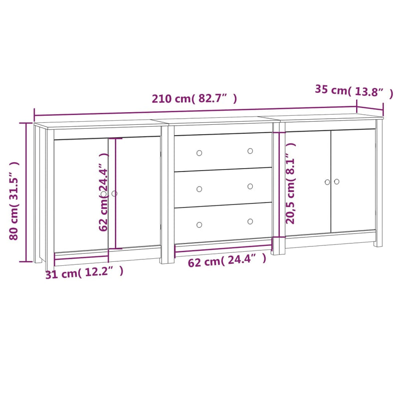 Sideboard White 210x35x80 cm Solid Wood Pine