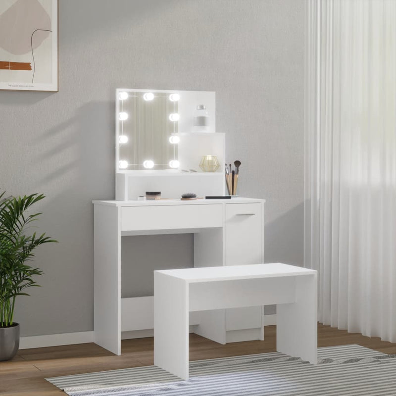 vidaXL Dressing Table Set with LED White Engineered Wood