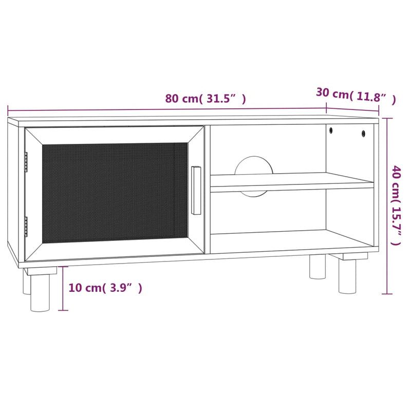 vidaXL TV Cabinet White 80x30x40 cm Solid Wood Pine and Natural Rattan