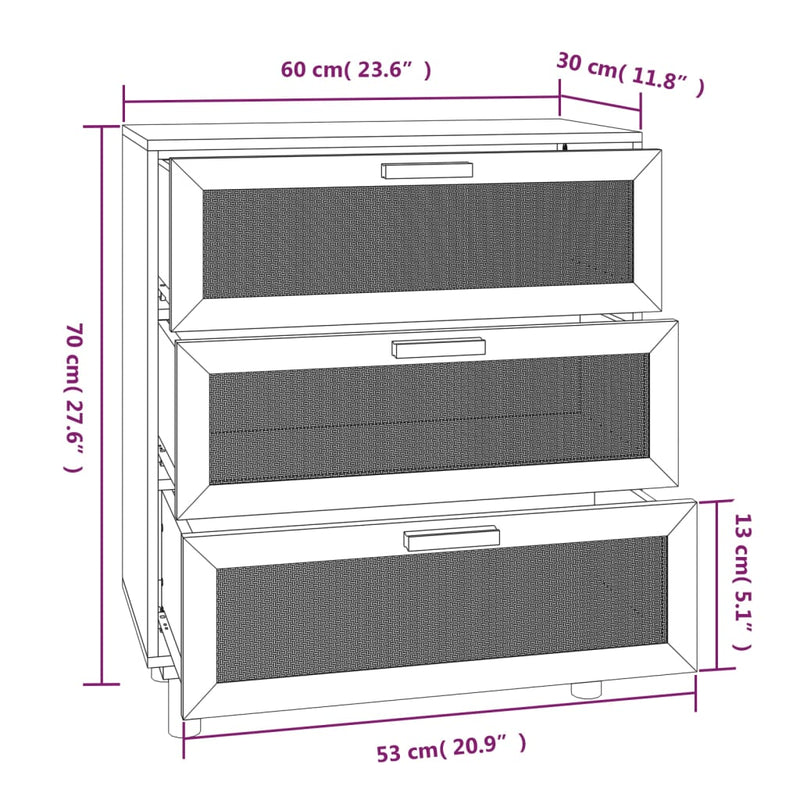 vidaXL Sideboard White 60x30x70 cm Solid Wood Pine and Natural Rattan