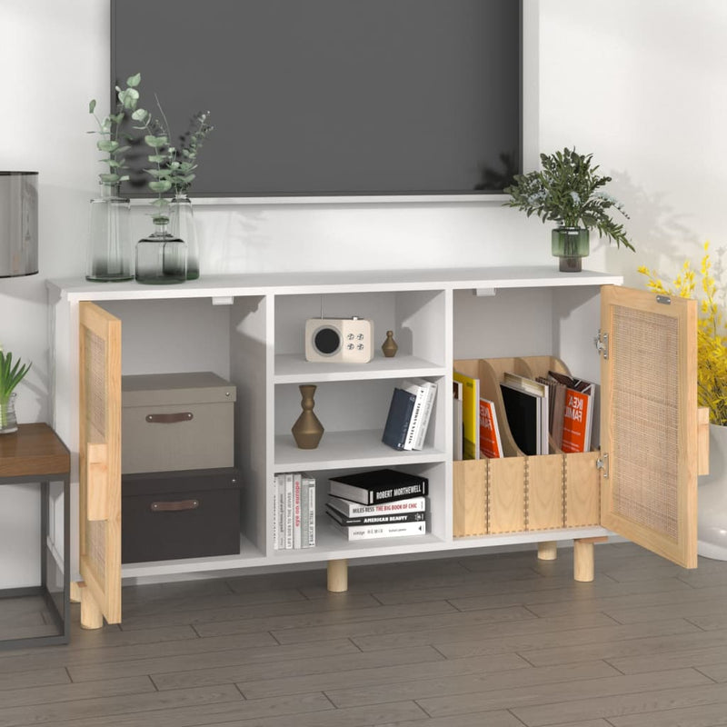 vidaXL Sideboard White 105x30x60 cm Solid Wood Pine and Natural Rattan