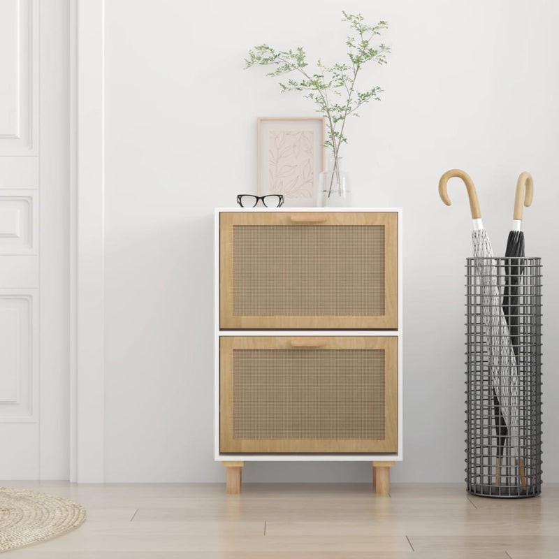 Shoe Cabinet White 52x25x80 cm Engineered Wood and Natural Rattan