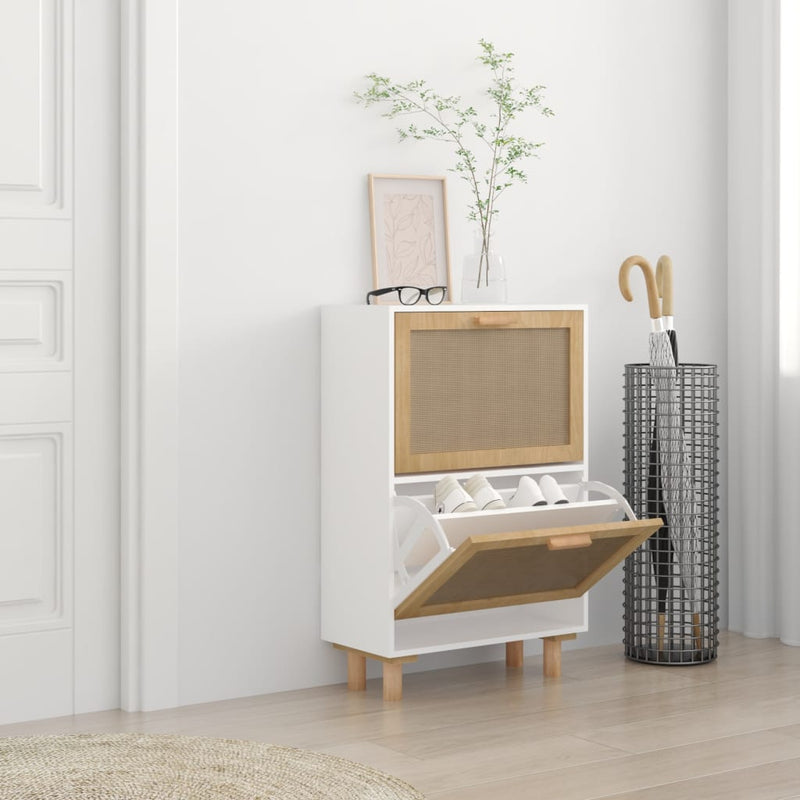 Shoe Cabinet White 52x25x80 cm Engineered Wood and Natural Rattan