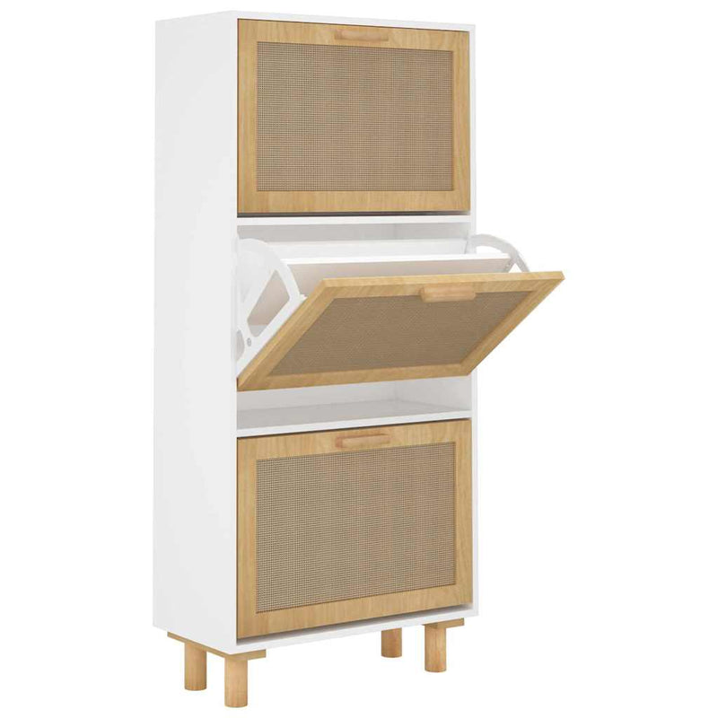vidaXL Shoe Cabinet White 52x25x115 cm Engineered Wood and Natural Rattan