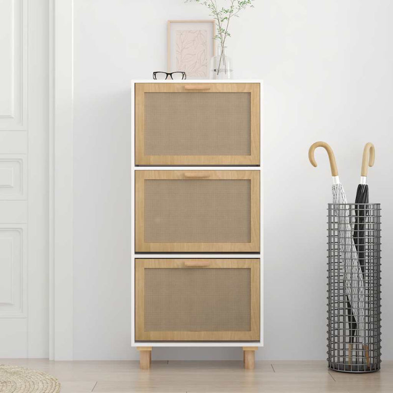 vidaXL Shoe Cabinet White 52x25x115 cm Engineered Wood and Natural Rattan