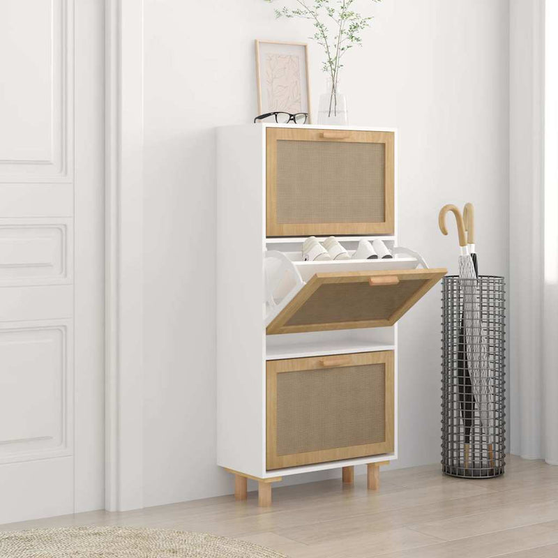 vidaXL Shoe Cabinet White 52x25x115 cm Engineered Wood and Natural Rattan