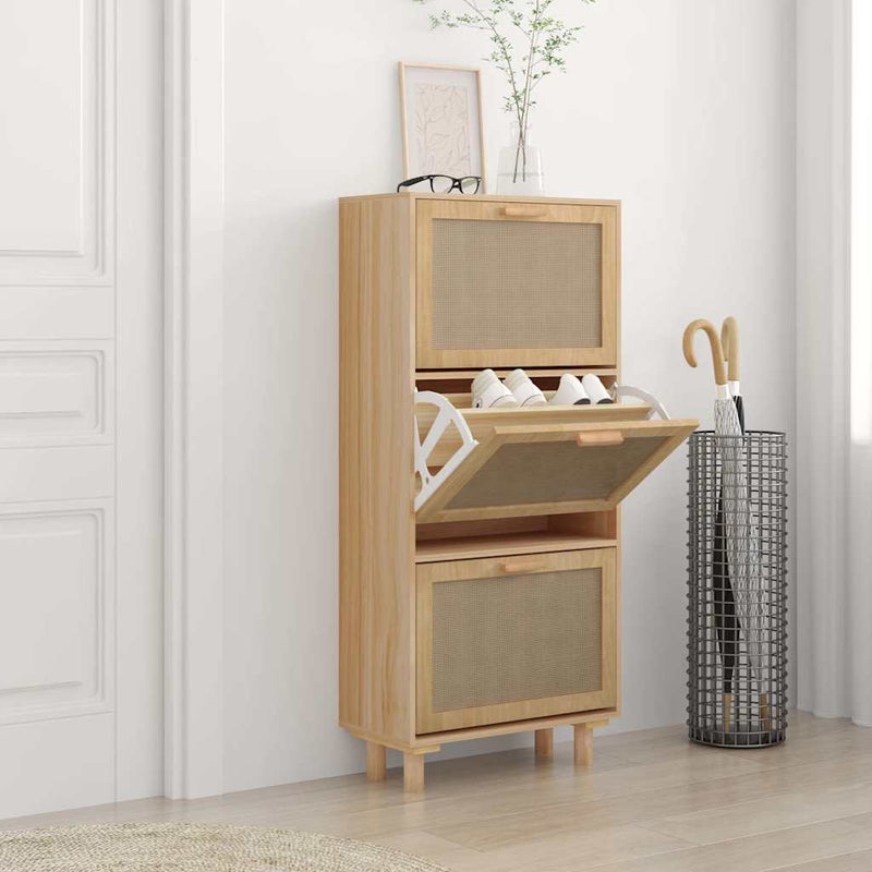 vidaXL Shoe Cabinet Brown 52x25x115 cm Engineered Wood and Natural Rattan