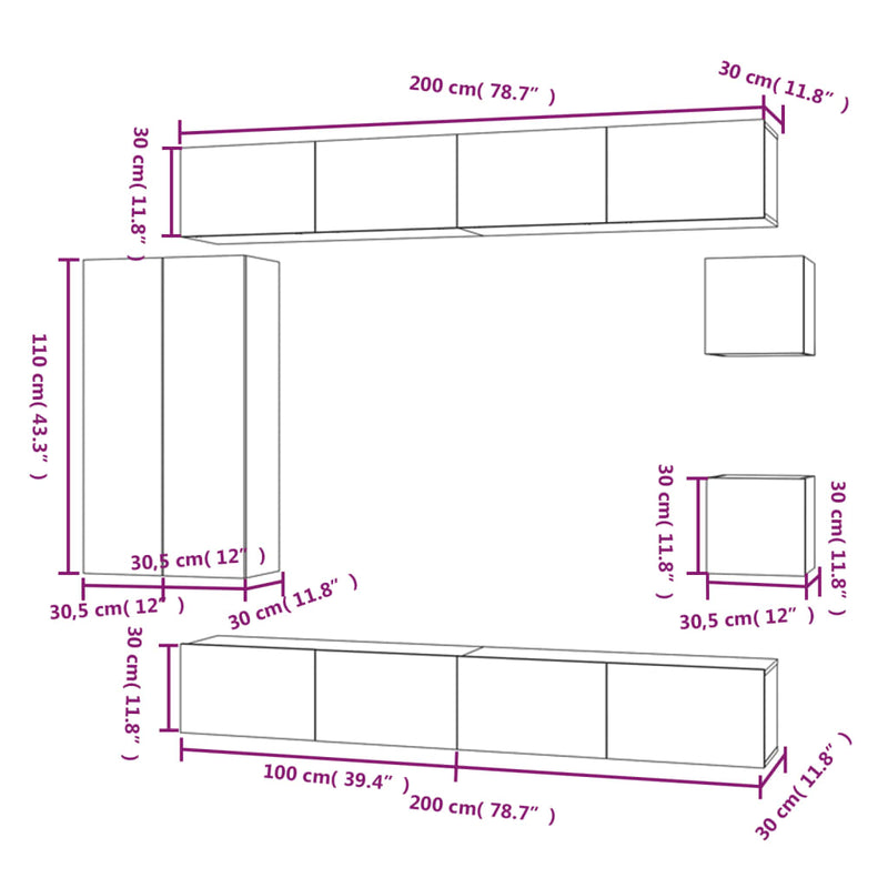 vidaXL 8 Piece TV Cabinet Set White Engineered Wood