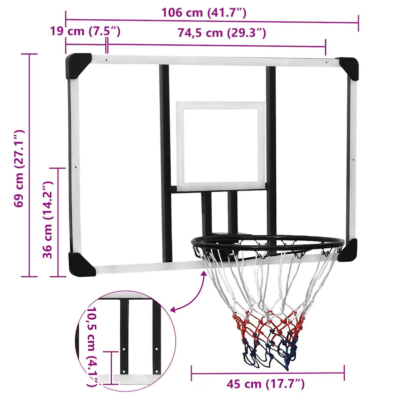 Basketball Backboard Transparent 106x69x3 cm Polycarbonate